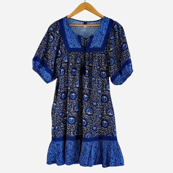 Old Navy Puff-Sleeve Printed Mini Swing Dress in Blue Blossoms l Size Large - Picture 3 of 9